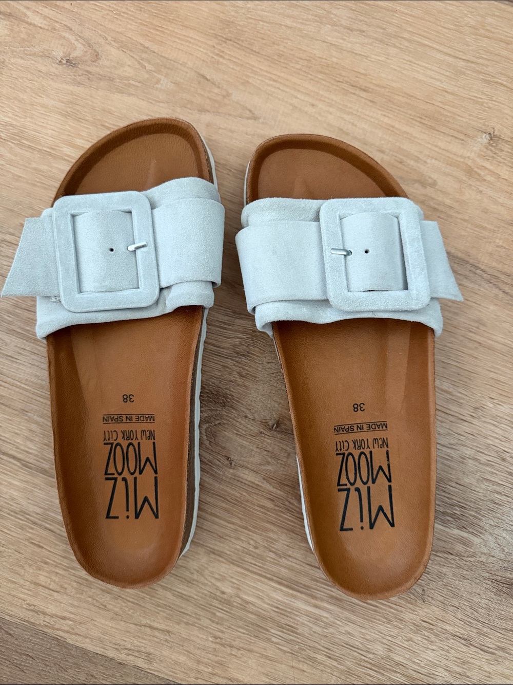 Miz Mooz Light Cream Suede Buckle Slide Sandal